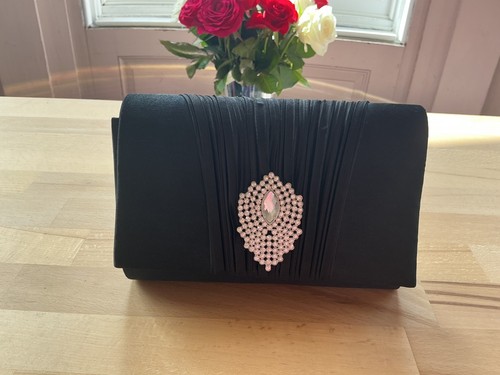 Black satin evening clutch bag - black,