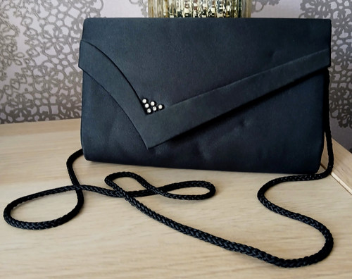 Black satin evening clutch bag - black,