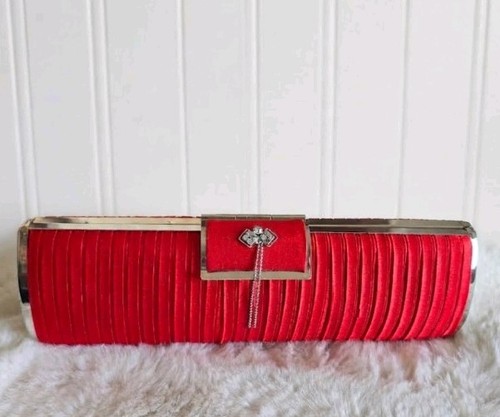 Red pleated satin evening - pleated,